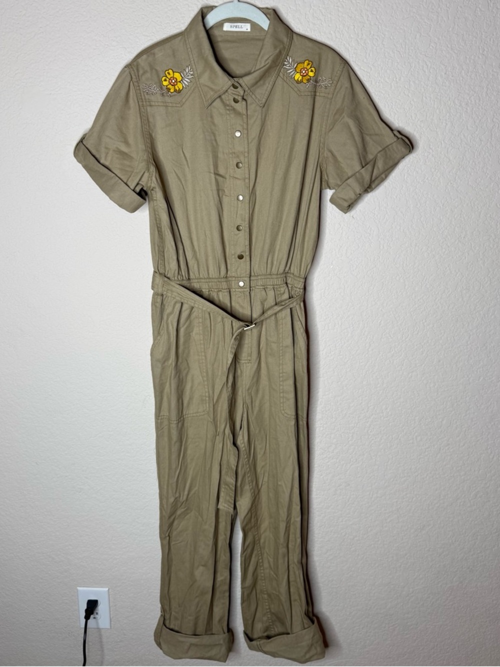 Spell Foxglove Embroidered Boilersuit Jumpsuit Size Medium Khaki Organic Cotton - Picture 4 of 6